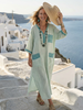 FJØRNA women's summer midi dress with striped pattern, short sleeves, wrap style, flowy fabric, perfect for warm weather.