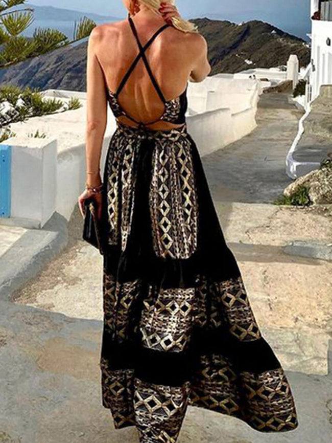 Bohemian print loose off-shoulder women's maxi dress by FJØRNA, perfect for summer, with flowing fabric and vibrant pattern.
