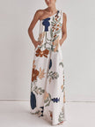 FJØRNA women's maxi dress with one shoulder tie-up design, unique print, pocketed, loose fit, perfect for casual wear