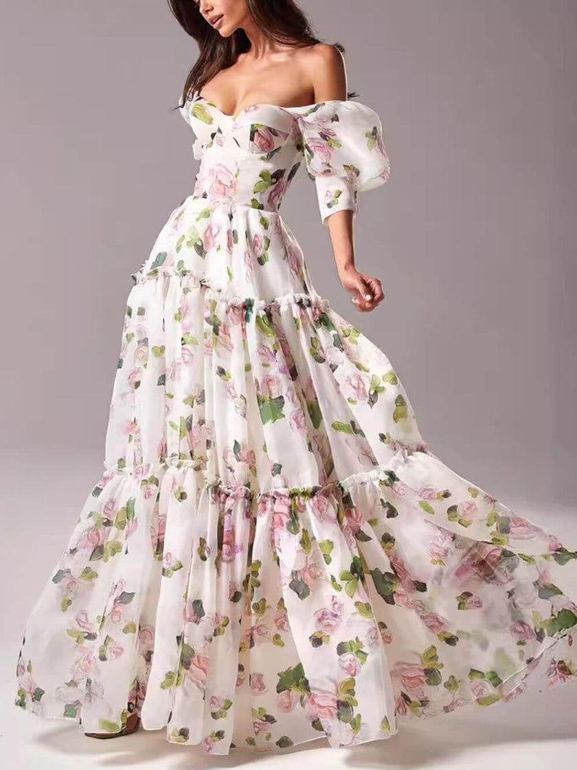 Elegant Off-Shoulder Printed Organza Evening Gown Women's Maxi Dress
