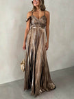 Elegant FJØRNA V-neck backless pleated suspender maxi dress with flowing fabric and stylish design, perfect for formal occasions.