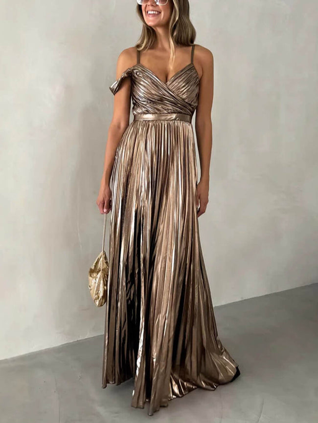 Elegant FJØRNA V-neck backless pleated suspender maxi dress with flowing fabric and stylish design, perfect for formal occasions.