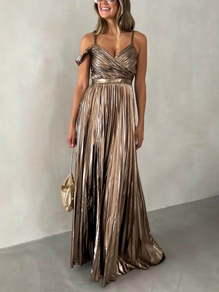 Elegant FJØRNA V-neck backless pleated suspender maxi dress with flowing fabric and stylish design, perfect for formal occasions.