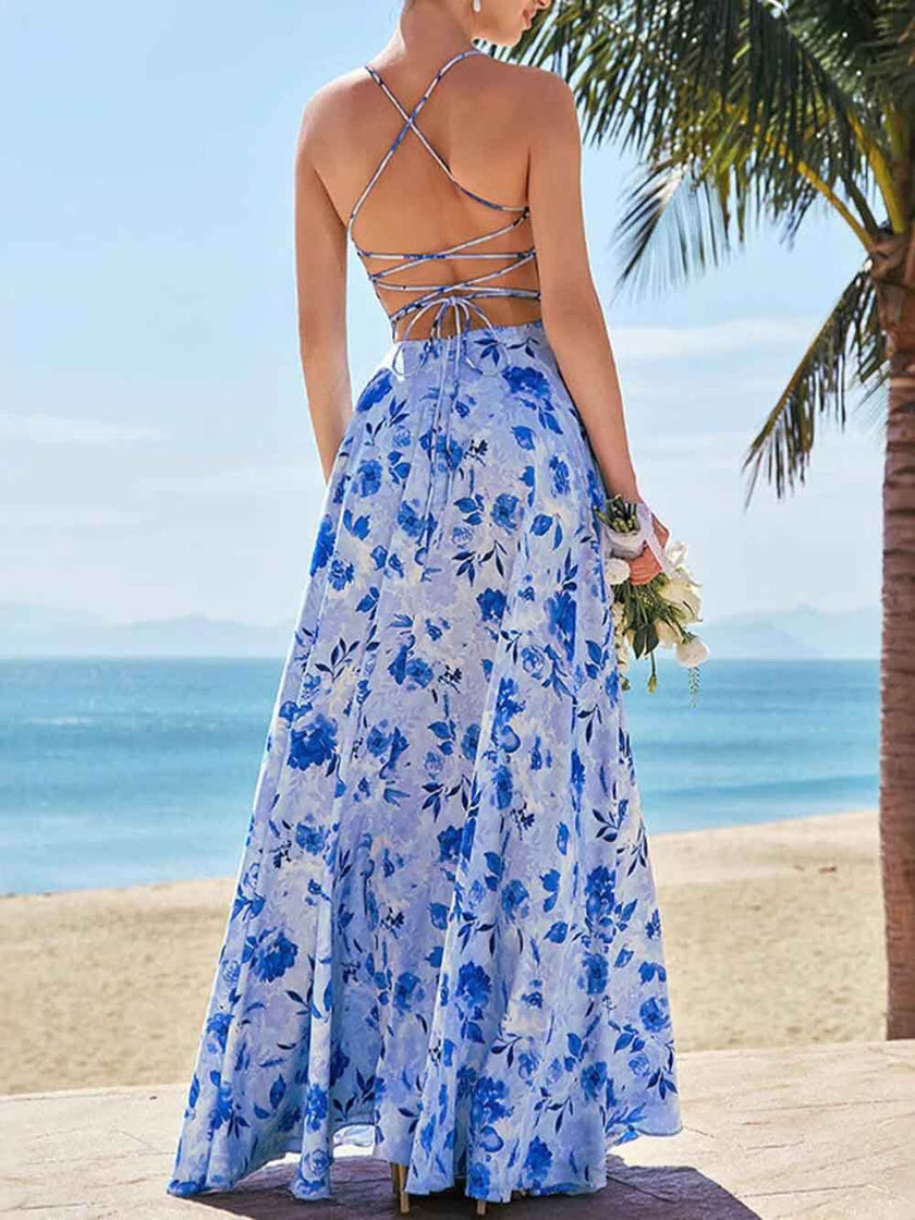 Elegant Slit Unique Floral Print Back Openwork Women's Maxi Dress