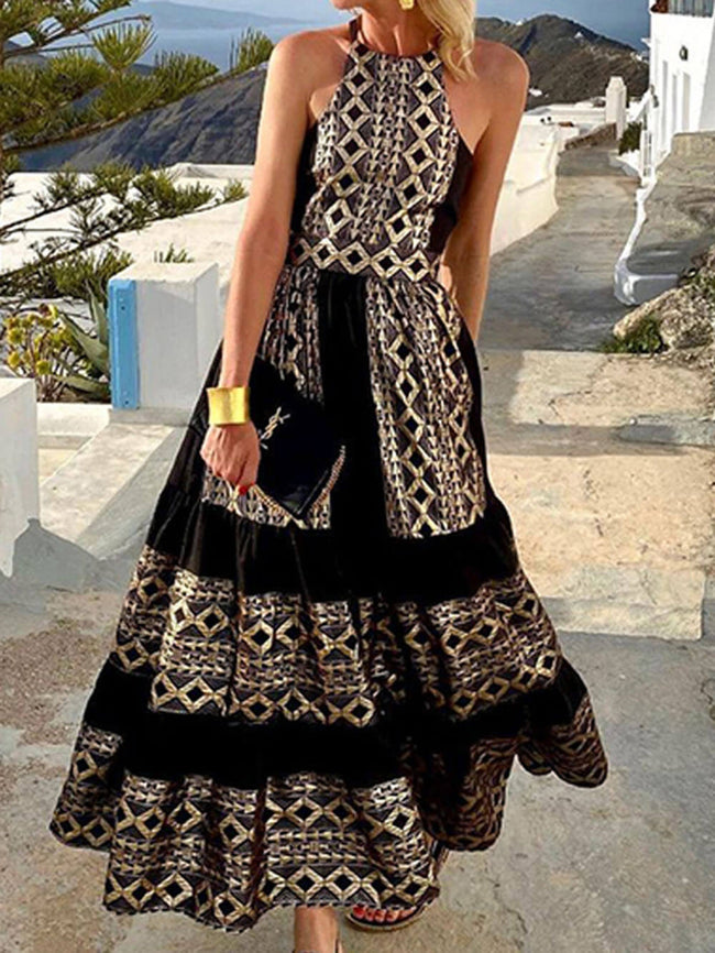 FJØRNA bohemian print off-shoulder maxi dress for women, featuring a loose fit and vibrant summer floral design.