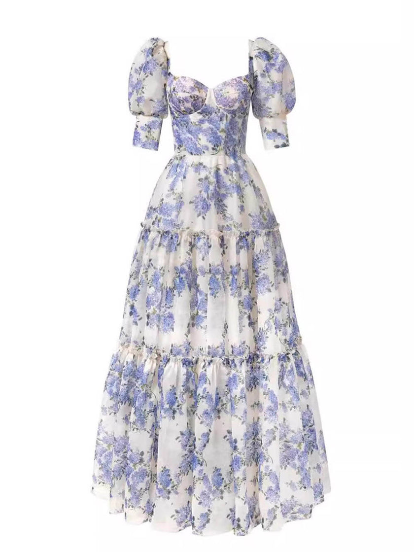 Elegant Off-Shoulder Printed Organza Evening Gown Women's Maxi Dress