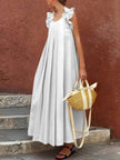 FJØRNA casual ruffled pleated summer maxi dress for women, featuring a flowy silhouette and feminine design, suitable for holiday wear.
