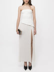FJØRNA elegant wrap neckline pleated high slit women's maxi dress displayed on a model, showcasing sophisticated evening wear.
