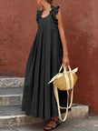 FJØRNA casual ruffled pleated summer maxi dress for women, featuring flowing fabric and a relaxed holiday style.