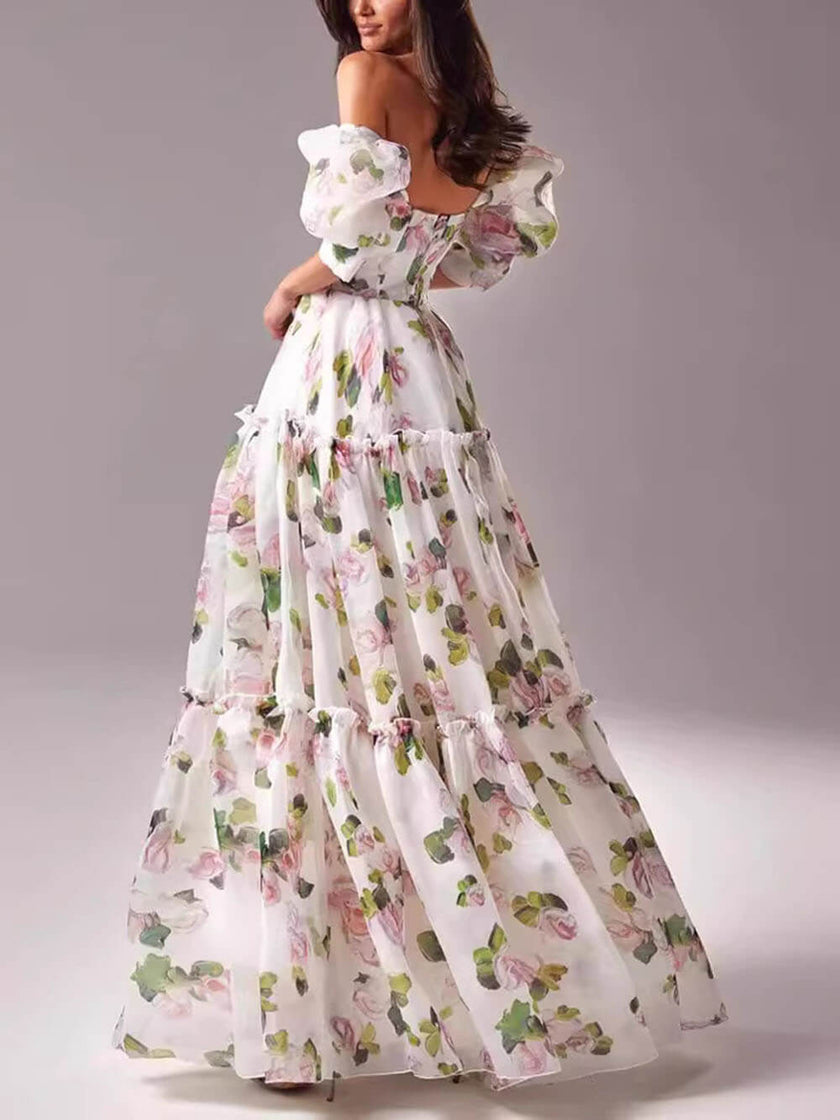 Elegant Off-Shoulder Printed Organza Evening Gown Women's Maxi Dress