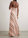 Elegant crochet printed open-back women's maxi dress from FJØRNA, featuring a summery design and flowing silhouette.