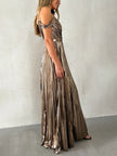 Elegant FJØRNA women's V-neck backless pleated maxi dress with suspenders, flowing and stylish for formal occasions.