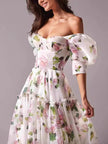 Elegant Off-Shoulder Printed Organza Evening Gown Women's Maxi Dress