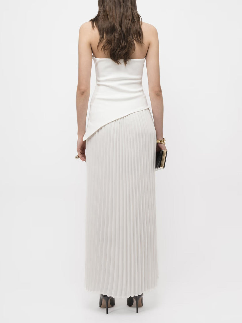 FJØRNA elegant wrap neckline pleated high slit women's maxi dress showcasing flowing fabric and sophisticated design.