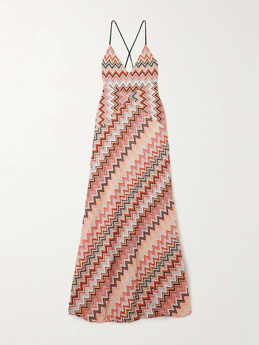 FJØRNA elegant crochet printed open back women's maxi dress for summer, featuring intricate patterns and flowing fabric.