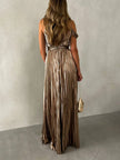 FJØRNA elegant V-neck backless pleated suspender women's maxi dress displayed on a model.