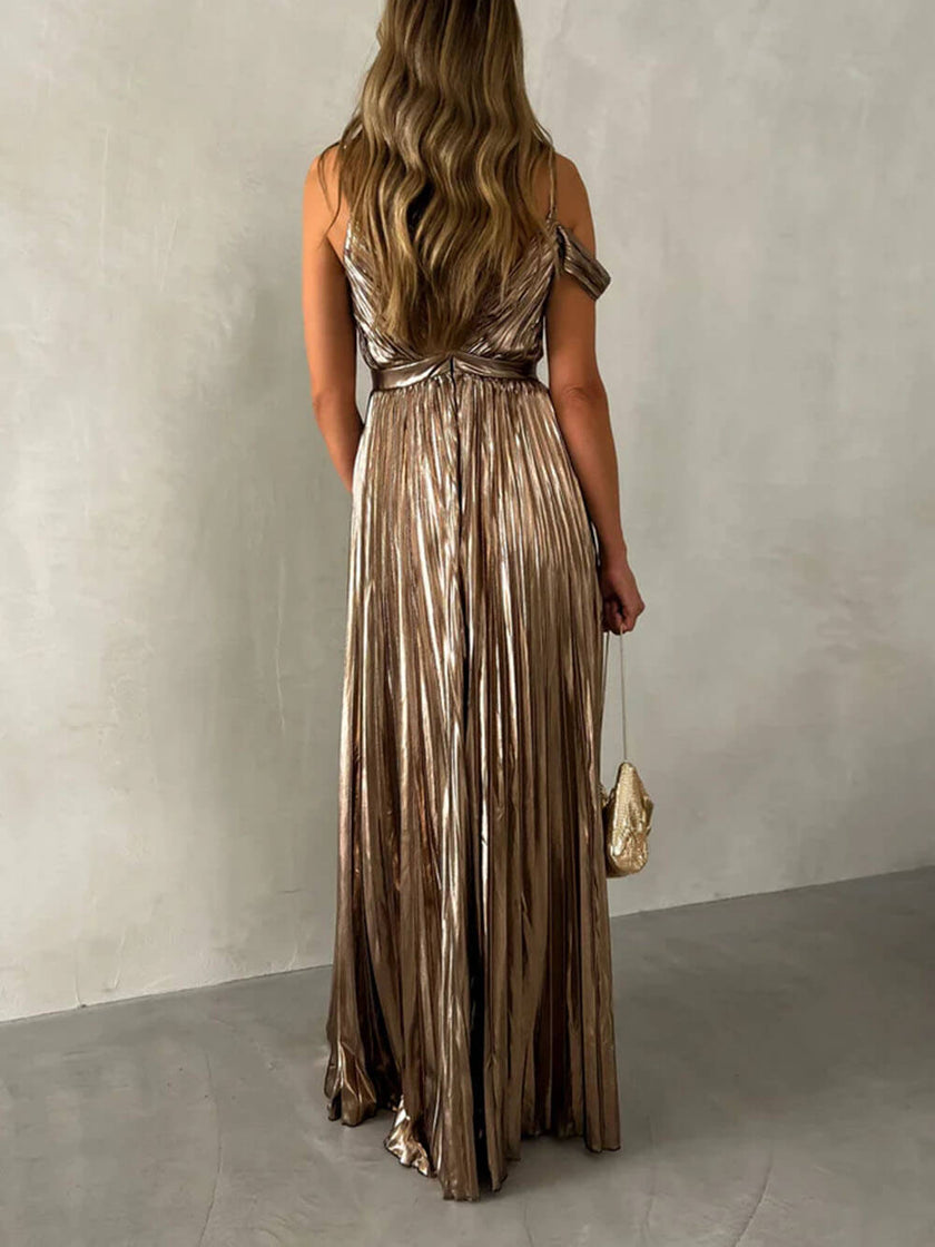 FJØRNA elegant V-neck backless pleated suspender women's maxi dress displayed on a model.