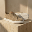 FJØRNA men's suede trainers shoes with brown casual sneaker design, lace-up closure and comfortable sole.