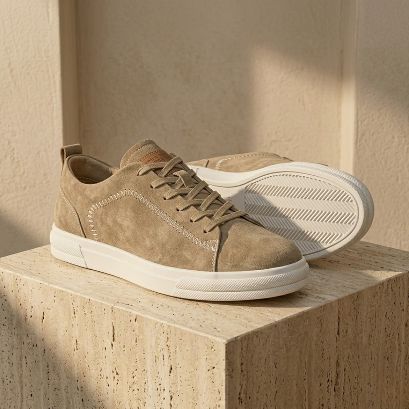 FJØRNA men's suede trainers shoes with brown casual sneaker design, lace-up closure and comfortable sole.