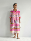 FJØRNA women's summer midi dress with striped pattern, long sleeves, flowy relaxed fit, ideal for warm weather.