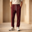 FJØRNA men's wide-leg jogger pants with drawstring waist, casual style, navy blue fabric, relaxed fit, front pockets, and soft material.