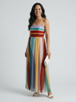 FJØRNA women's summer maxi dress with striped strapless design and pleated details, perfect for warm weather.