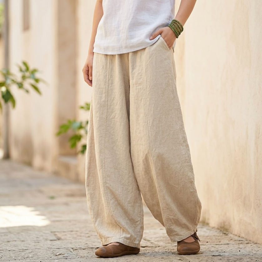 FJØRNA women's high waist cotton linen trousers with relaxed fit, showcasing lightweight, breathable fabric and classic pant style.