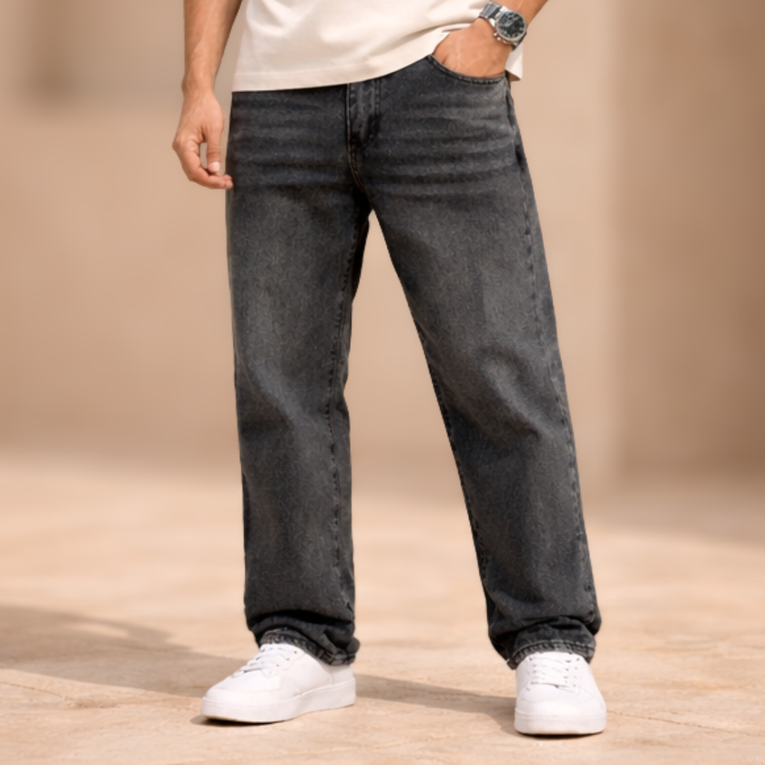 FJØRNA men's relaxed fit denim jeans showing classic blue denim, front pockets, and casual fit for everyday wear.
