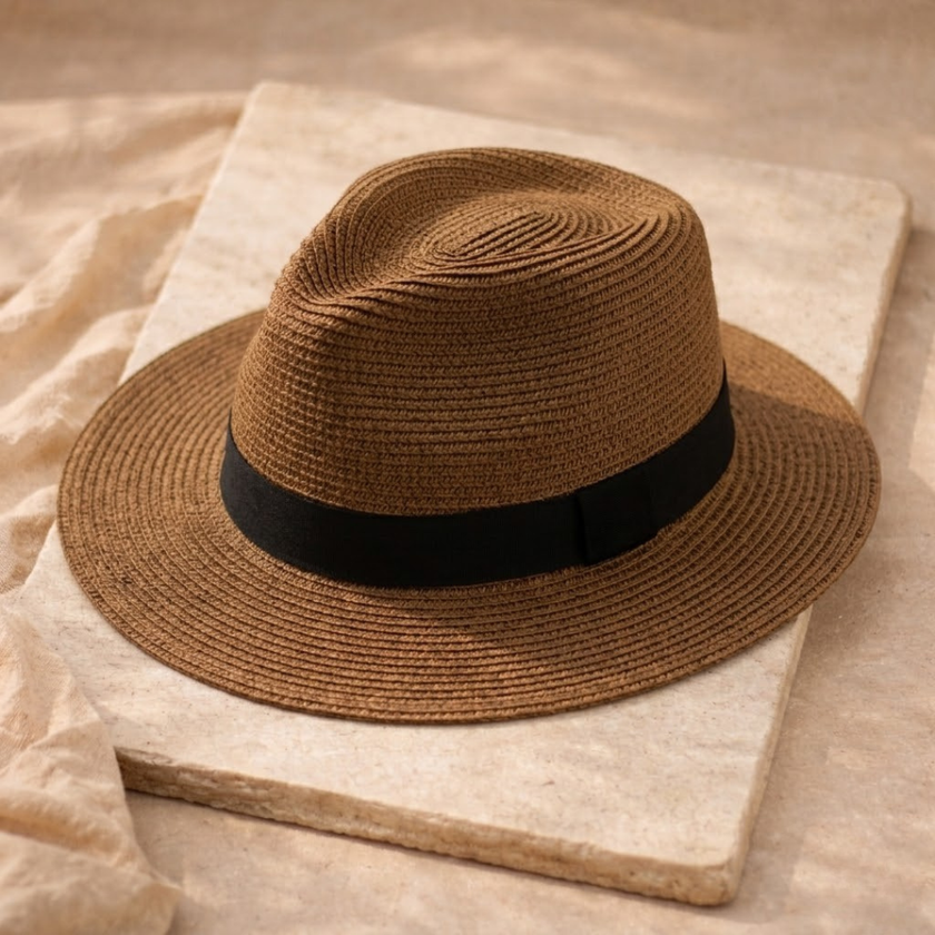 FJØRNA Carolous men's handcrafted classic Panama hat with a wide brim and natural straw texture, stylish and elegant for warm weather.