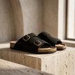 Red suede men's FJØRNA cushioned sandals with open toe design and ankle straps, comfortable for casual wear.