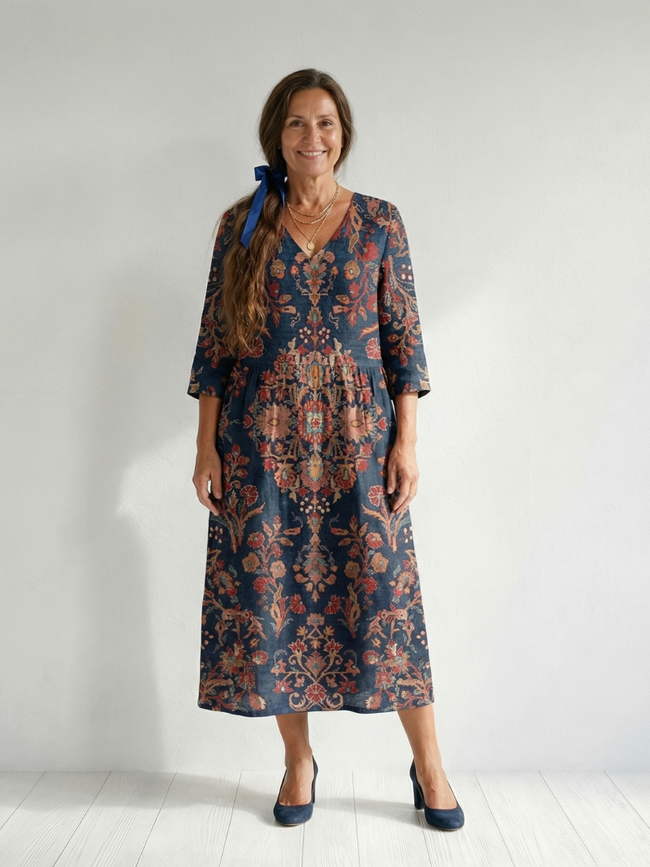 FJØRNA women's summer midi dress with long sleeves, wrap style, flowy design, and premium fabric, perfect for warm weather.