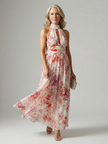 FJØRNA women's summer maxi dress featuring a floral pattern, halter neck, sleeveless design, and flowy silhouette.