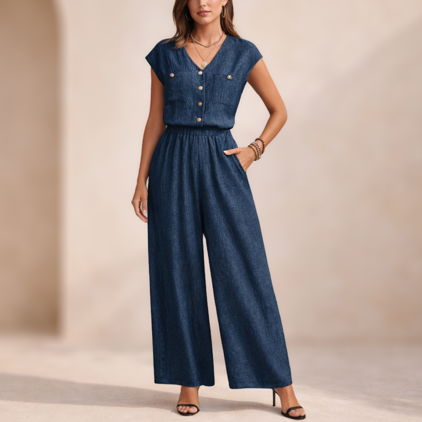 FJØRNA women's wide leg jumpsuit with V-neck and button front, stylish and comfortable casual jumpsuit in neutral fabric