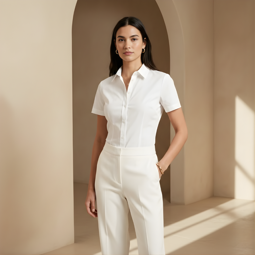 FJØRNA relaxed fit linen shirt for women, short sleeve top in light, breathable fabric, styled casually.