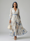 FJØRNA summer midi dress for women with floral pattern, V-neck, long sleeves, perfect for warm weather and casual occasions.