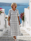 FJØRNA women's summer midi dress with striped pattern, V-neck, short sleeves, casual style, perfect for warm weather.