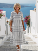 FJØRNA women's summer midi dress with striped pattern, V-neck, short sleeves, casual style, perfect for warm weather.