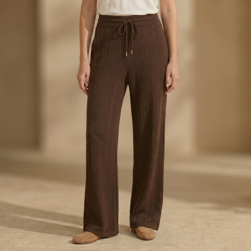 Women’s Knit Lounge Trousers by FJØRNA featuring cable-knit design, comfortable pants for relaxed wear.