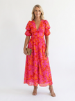 FJØRNA women's floral midi dress with puff sleeves, perfect for summer, featuring lightweight fabric and a stylish, flowy design.