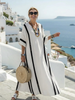 FJØRNA women's summer maxi dress with striped pattern, short sleeves, wrap style, flowy fabric, ideal for warm weather.