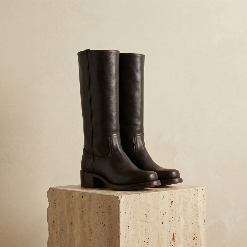 FJØRNA tan leather men's knee-high boots with block heels, stylish footwear for men, showcasing sleek design and high-quality leather.