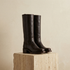 FJØRNA tan leather men's knee-high boots with block heels, stylish footwear for men, showcasing sleek design and high-quality leather.