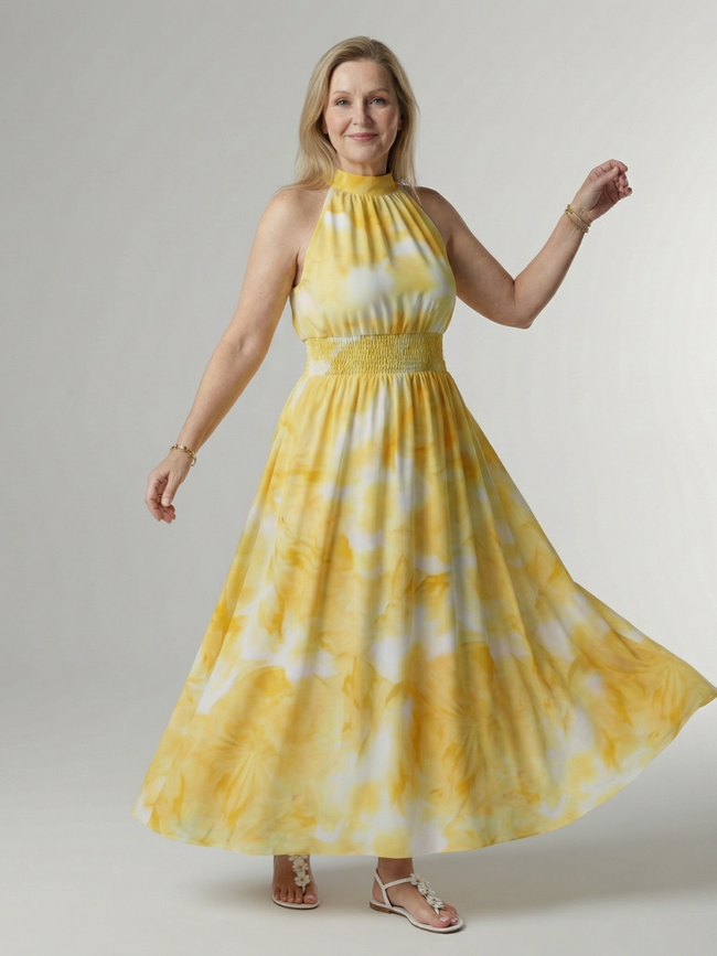 FJØRNA women's summer midi dress with halter neck, sleeveless, flowy design, perfect for warm weather occasions.