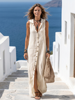 FJØRNA women's sleeveless summer maxi dress with casual fit, flowing fabric, and vibrant floral pattern.
