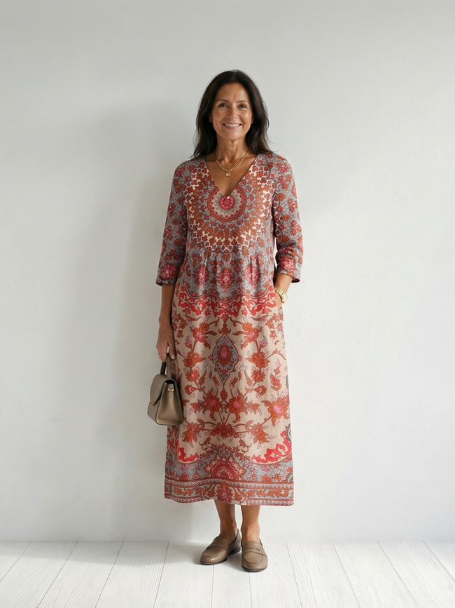 FJØRNA women's summer midi dress with long sleeves, wrap design, flowy relaxed fit, perfect for warm weather.