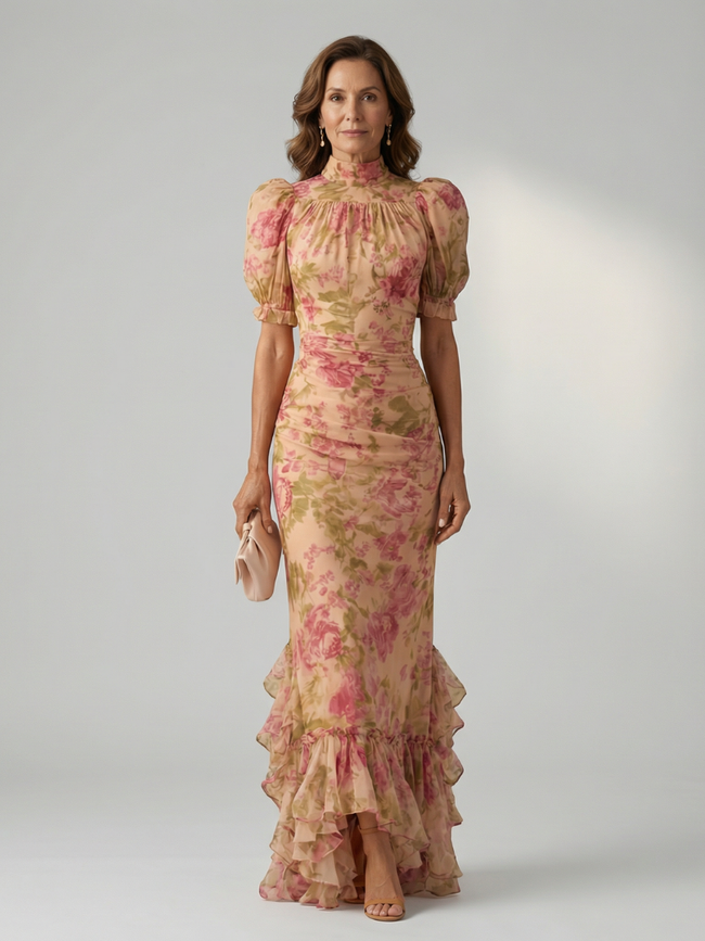 FJØRNA summer maxi dress for women with high neck and short sleeves, flowing lightweight fabric, ideal for warm weather.