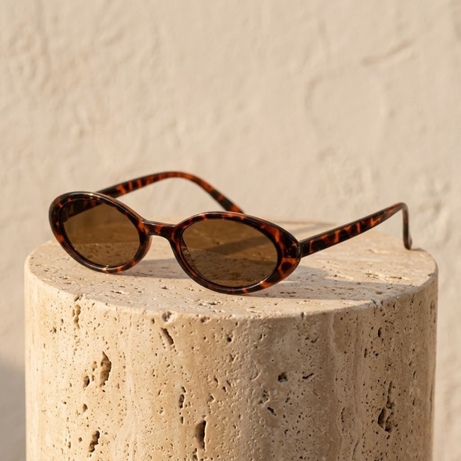 Unisex retro oval sunglasses by FJØRNA with dark tinted lenses and thin frame, stylish accessory for women.