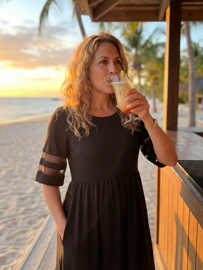 FJØRNA elegant midi wrap dress for women, stylish evening dress with a sophisticated silhouette, displayed on a model.