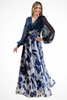 FJØRNA floral print maxi wedding guest dress with V-neck, balloon sleeves, and a flowy silhouette, perfect for special occasions.