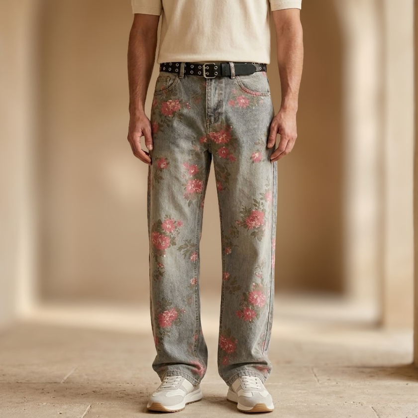 Relaxed fit men's denim jeans by FJØRNA, showcasing baggy style and classic blue denim fabric.